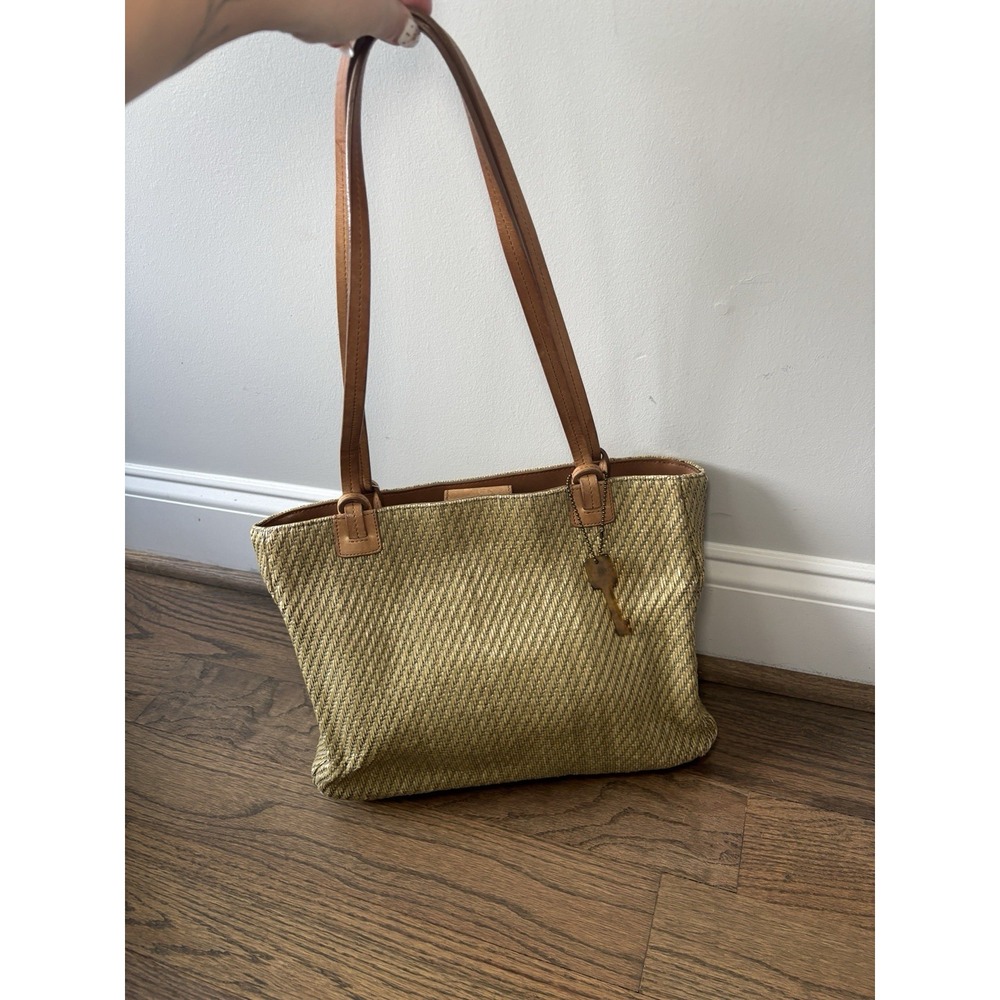 Vintage Fossil‎ Tan Sage Woven Shoulder Bag Purse Natural Straw Leather Trim